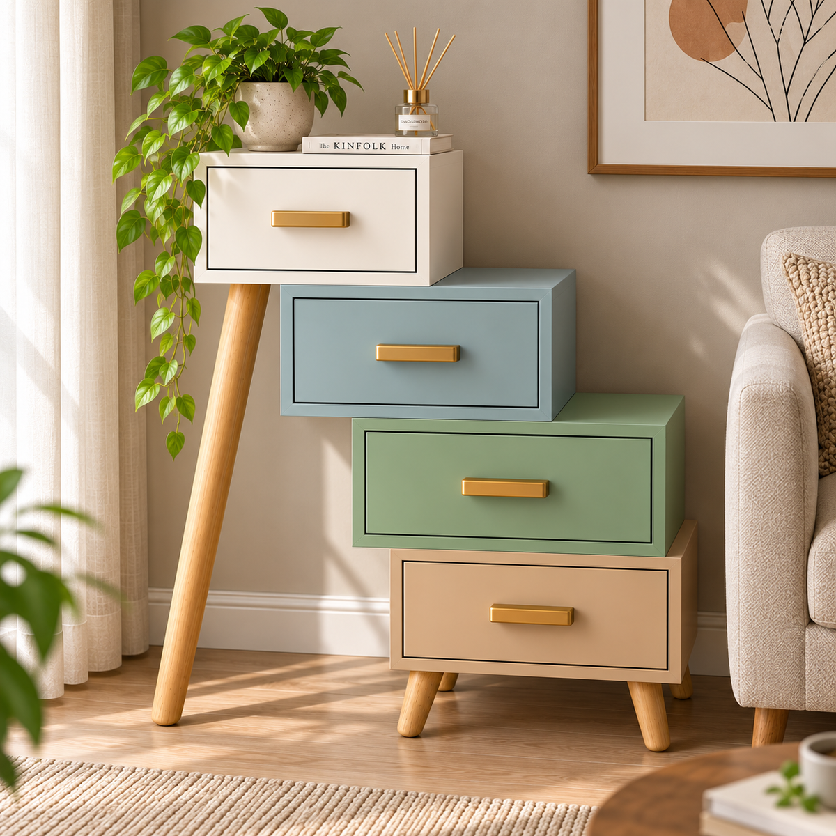 Multicolor Scandinavian Chest of Drawers with Brass Handles & Wooden Legs  Bedroom & Living Room Furniture