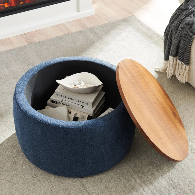 Round Drum Coffee Table with Removable Wood Top & Storage