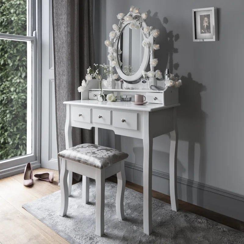 LUARANE Vanity Dressing Table Set | Home Furniture Dressing Table with Mirror | 3 large Drawer and 2 small drawer Chest and Cushioned Stool | Multifunctional Application for Bedroom | Bathroom - Ouch Cart 