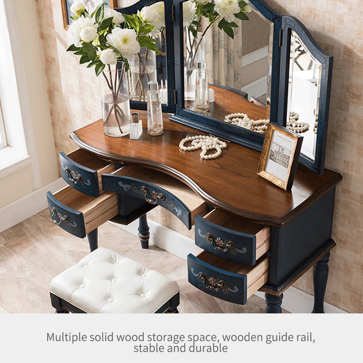 Solid Rubberwood Vanity Table with Tri-Fold Adjustable Mirror & Storage – Blue Finish