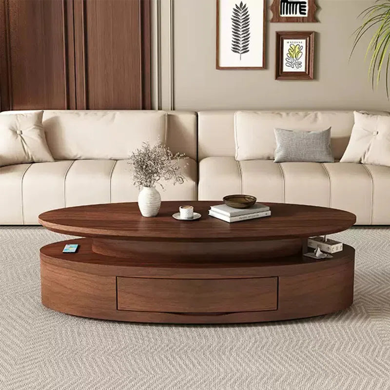 Walnut-Hued Oval Coffee Table – Sophistication Meets Smart Living