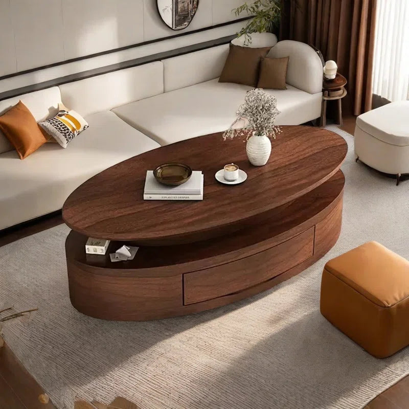 Walnut-Hued Oval Coffee Table – Sophistication Meets Smart Living