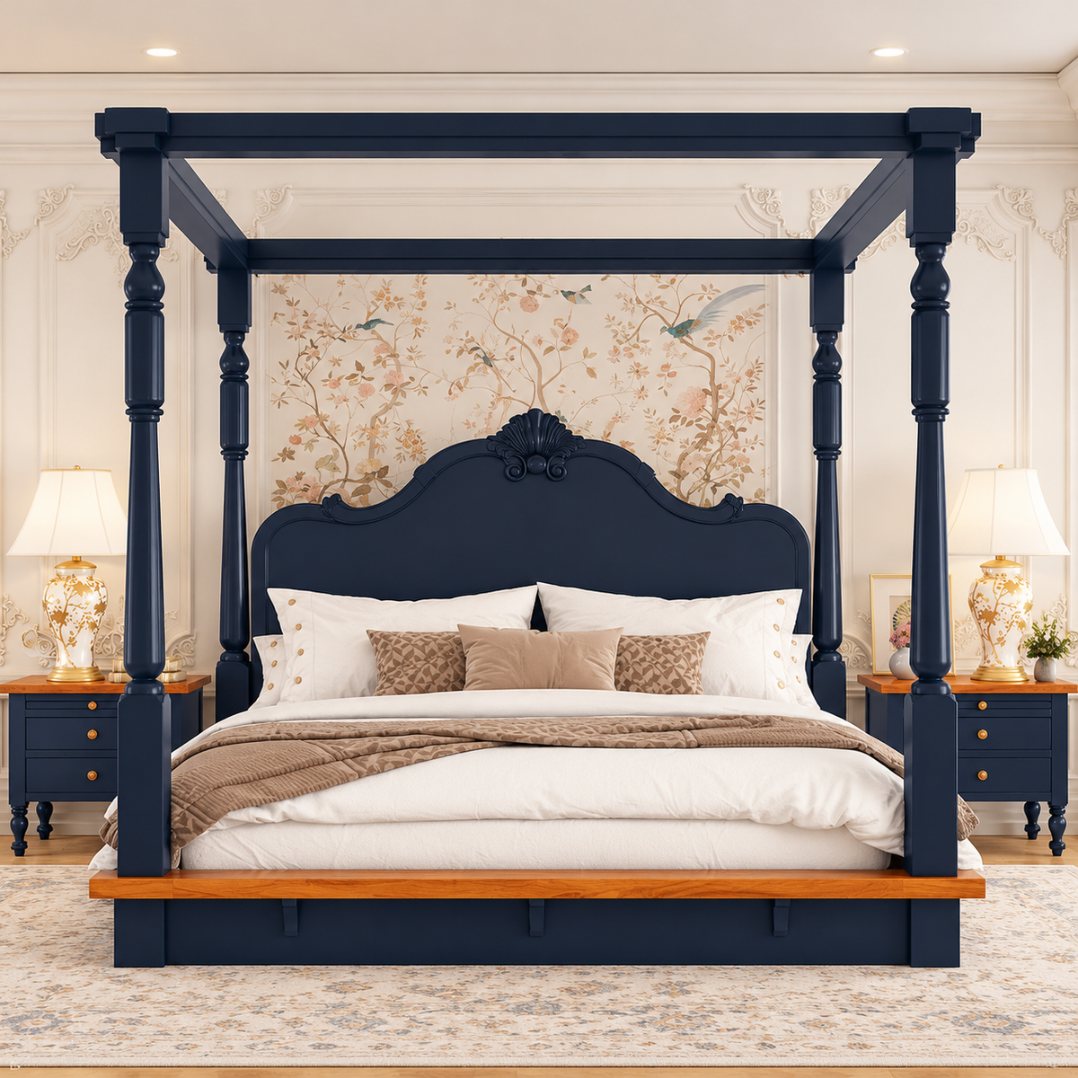 Navy Blue Wooden Four Poster Canopy Bed with Ornate Headboard | Luxury King Size Bedroom Bed Frame