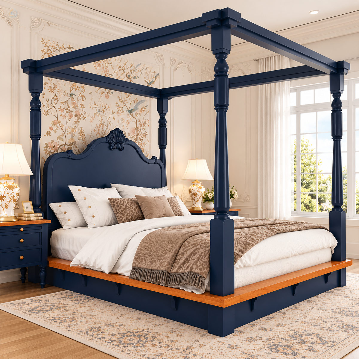 Navy Blue Wooden Four Poster Canopy Bed with Ornate Headboard | Luxury King Size Bedroom Bed Frame
