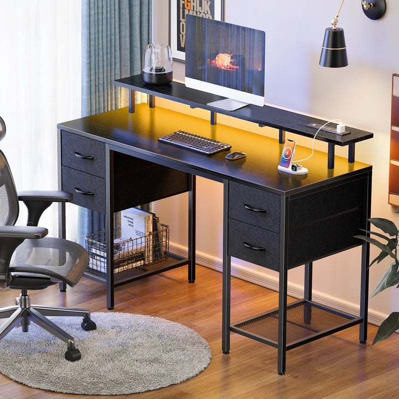 Desk with LED Lights, Computer Desk with Storage, Corner Desk with Drawers, Home Office Desk with Shelves, Writing Desk with 4 File Drawers, Gaming Desk with Power Outlets, Study Desk