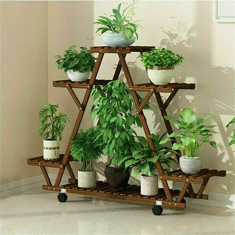 Nicholes Solid Wood Multi-Tier Plant Stand with Wheels