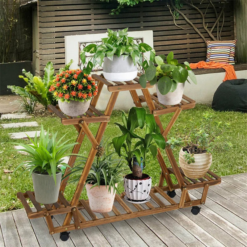 Nicholes Solid Wood Multi-Tier Plant Stand with Wheels