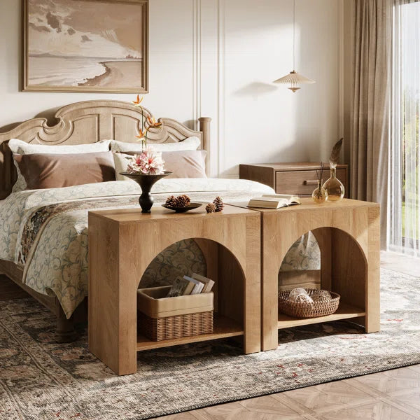 Farmhouse Arched Nightstand with Open Shelf – Rustic Wooden Bedside Table for Small Spaces