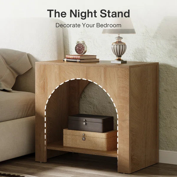 Farmhouse Arched Nightstand with Open Shelf – Rustic Wooden Bedside Table for Small Spaces