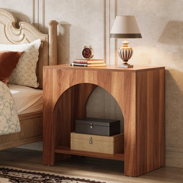 Farmhouse Arched Nightstand with Open Shelf – Rustic Wooden Bedside Table for Small Spaces