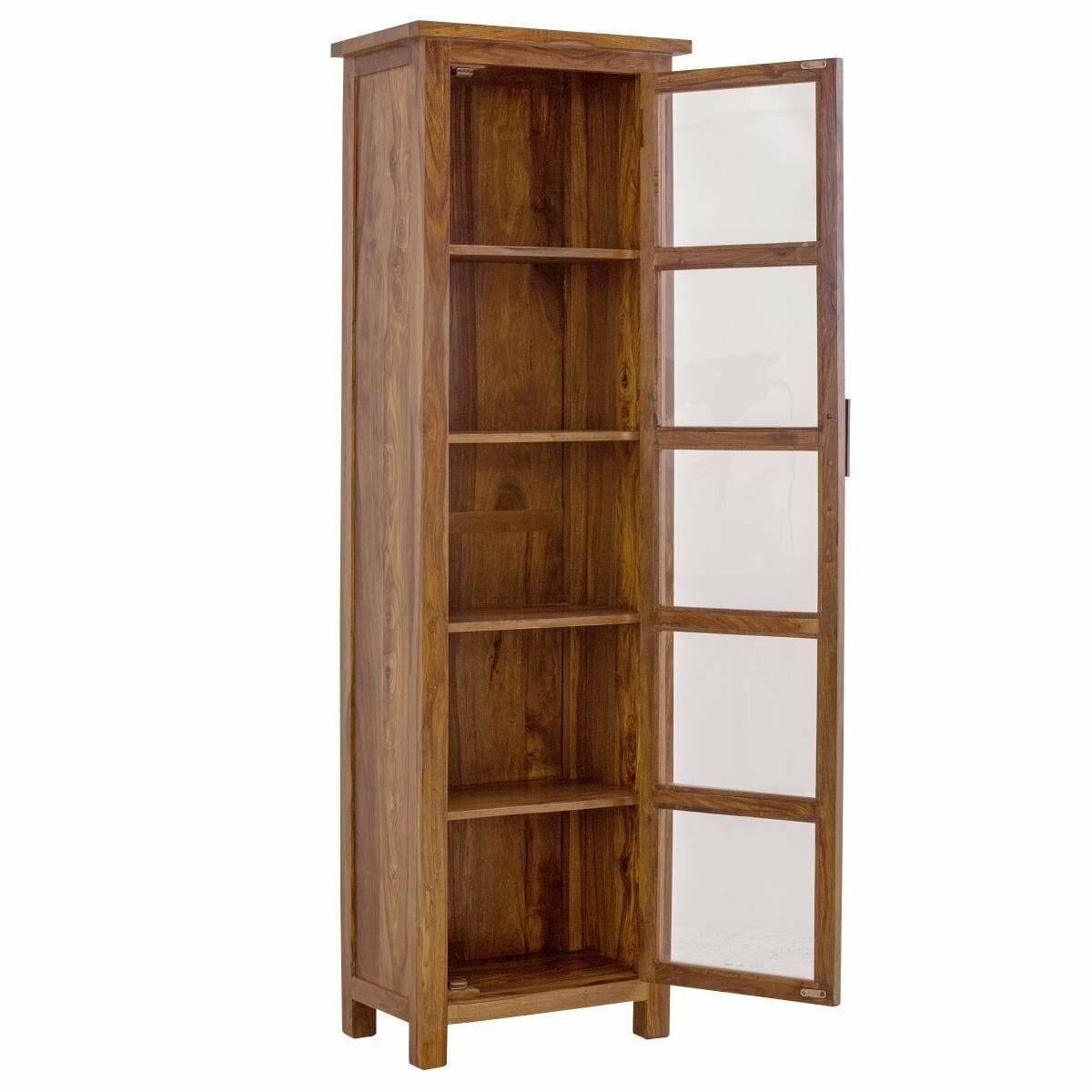 Sheesham Wood Single Door Crockery Cabinet Tall In Honey Finish - Ouch Cart 