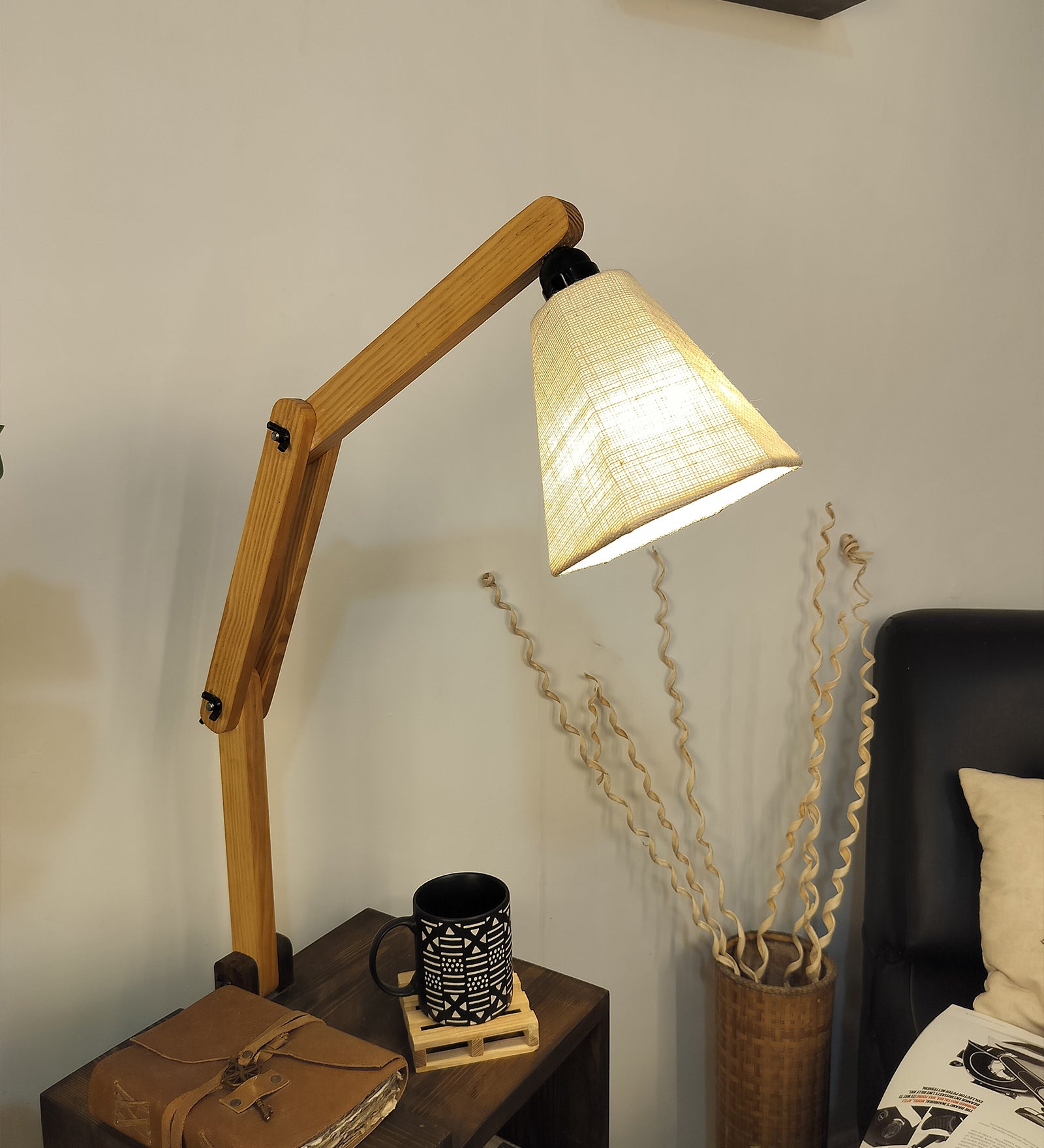 Noel Wooden Floor Lamp with Brown Base and Jute Fabric Lampshade (BULB NOT INCLUDED)