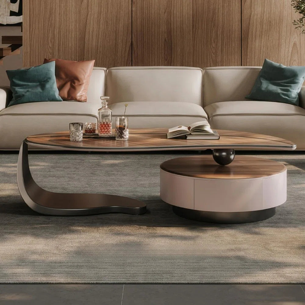 Modern Walnut Coffee Table with Storage Drawer & Iron Legs – Contemporary Living Room Center Table