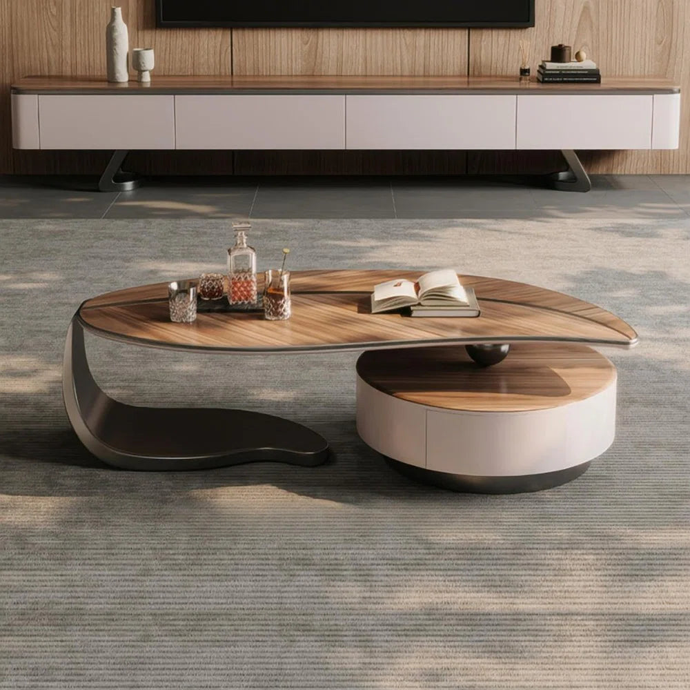 Modern Walnut Coffee Table with Storage Drawer & Iron Legs – Contemporary Living Room Center Table
