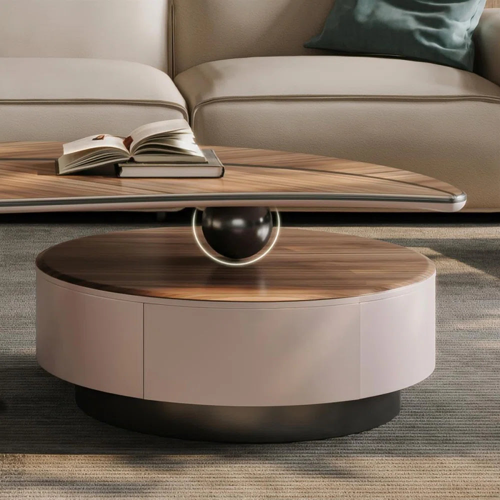 Modern Walnut Coffee Table with Storage Drawer & Iron Legs – Contemporary Living Room Center Table