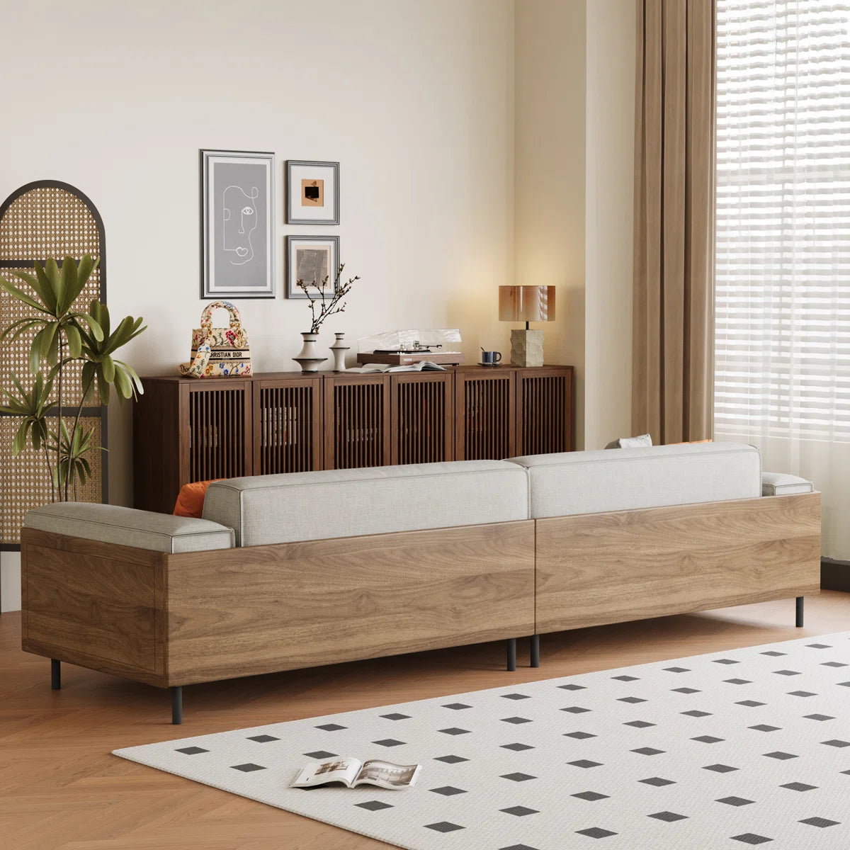 Mid-Century Modern 3-Seater Sofa | Upholstered Fabric Couch with Solid Wood Frame & Deep Seating | Luxury Living Room Sofa