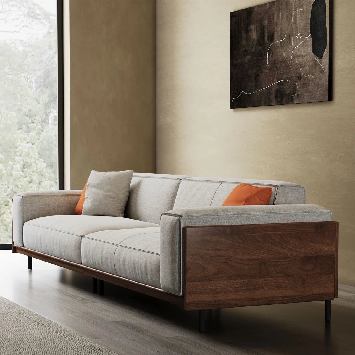 Mid-Century Modern 3-Seater Sofa | Upholstered Fabric Couch with Solid Wood Frame & Deep Seating | Luxury Living Room Sofa