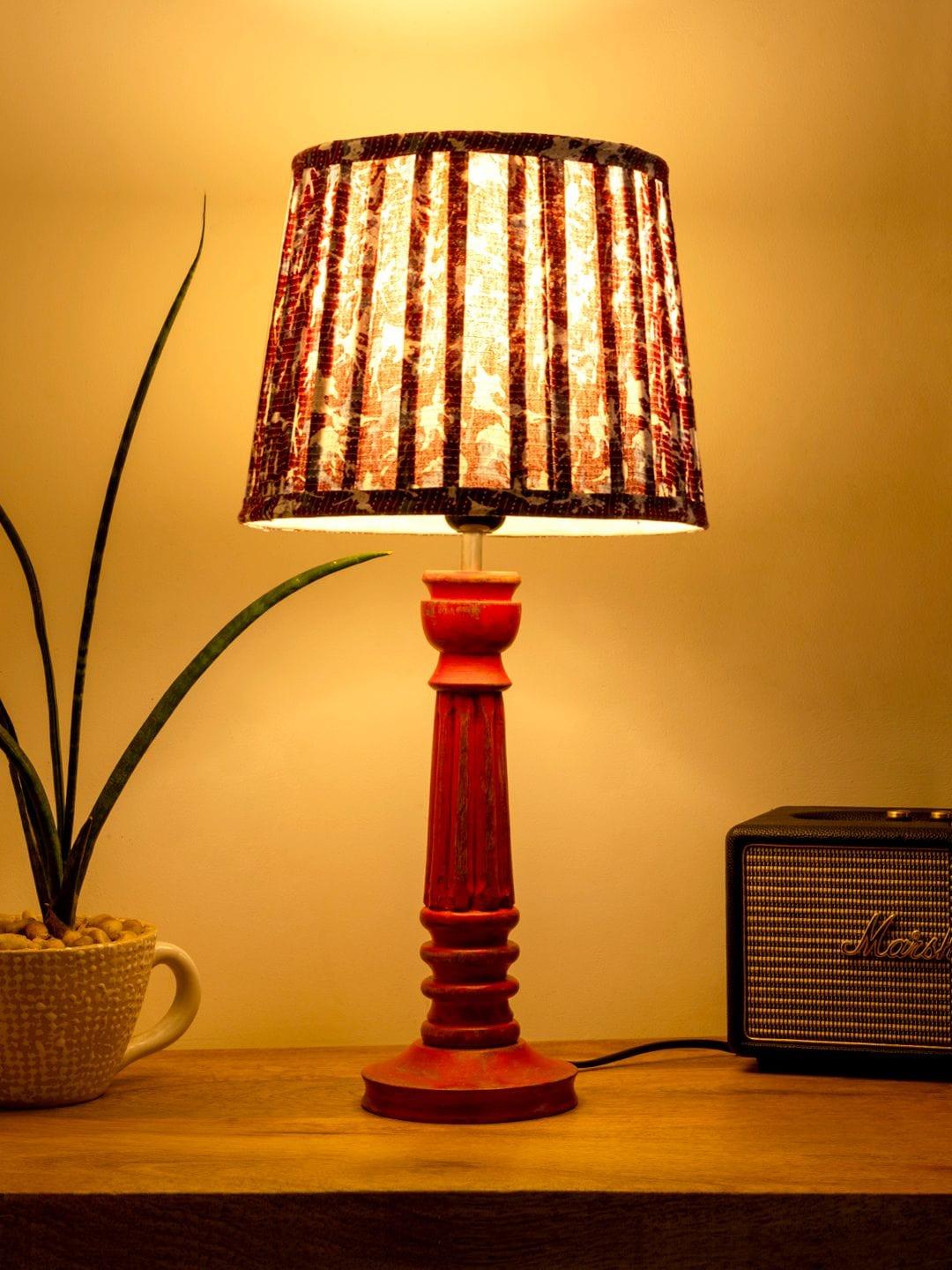 Wooden Pillar Pink lamp with pleeted Colorful Soft Shade - Ouch Cart 