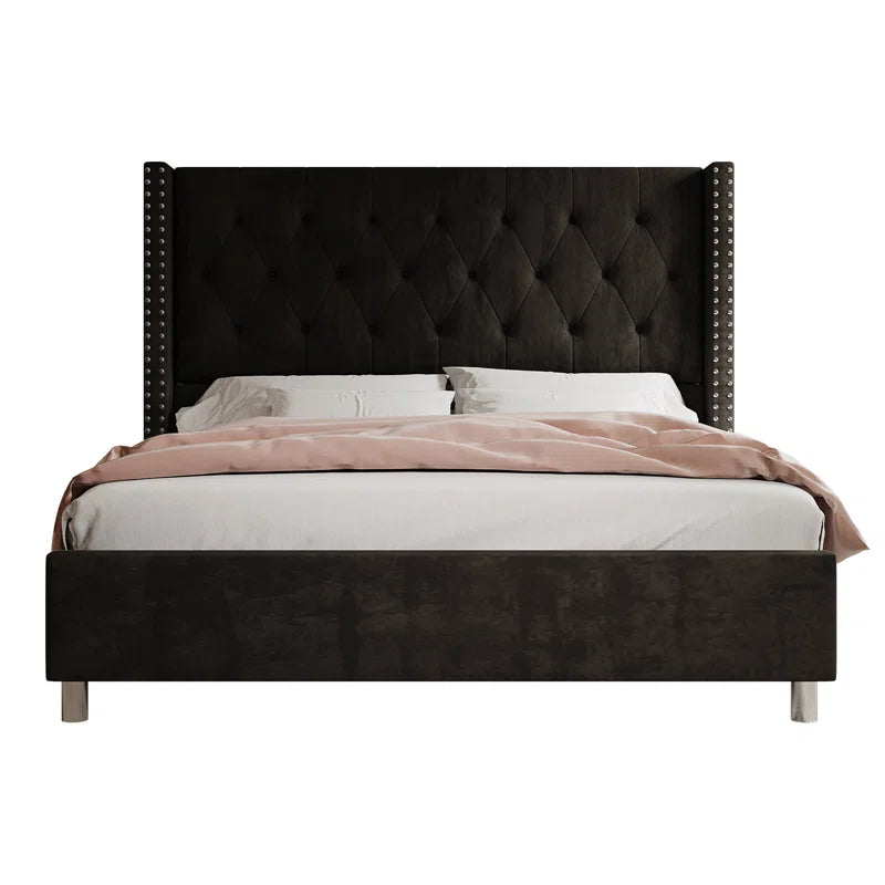 Occoquan Upholstered Wingback Bed with Tufted Linen and Adjustable Headboard