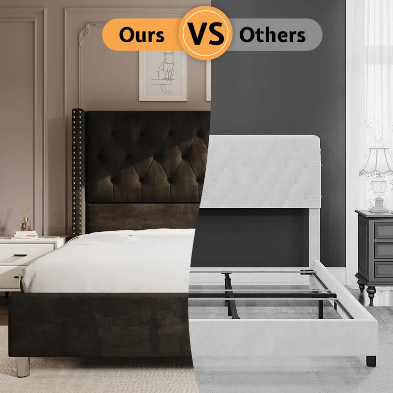 Occoquan Upholstered Wingback Bed with Tufted Linen and Adjustable Headboard