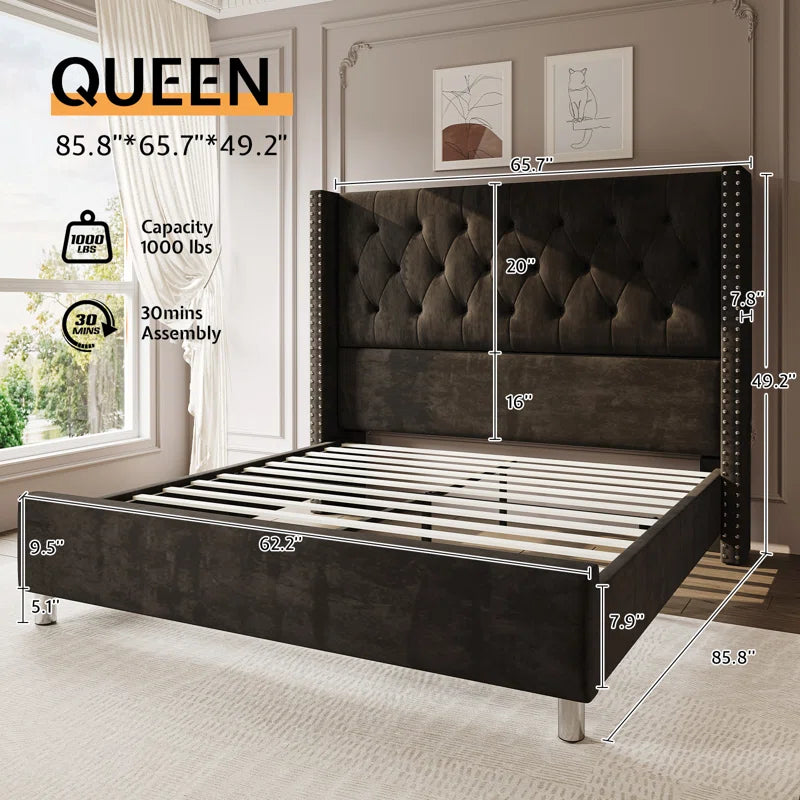 Occoquan Upholstered Wingback Bed with Tufted Linen and Adjustable Headboard