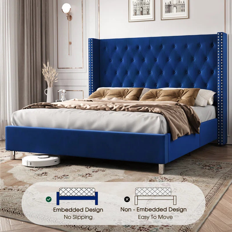 Occoquan Upholstered Wingback Bed with Tufted Linen and Adjustable Headboard