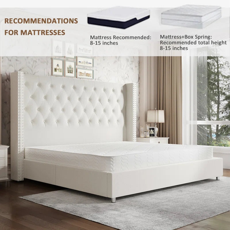 Occoquan Upholstered Wingback Bed with Tufted Linen and Adjustable Headboard