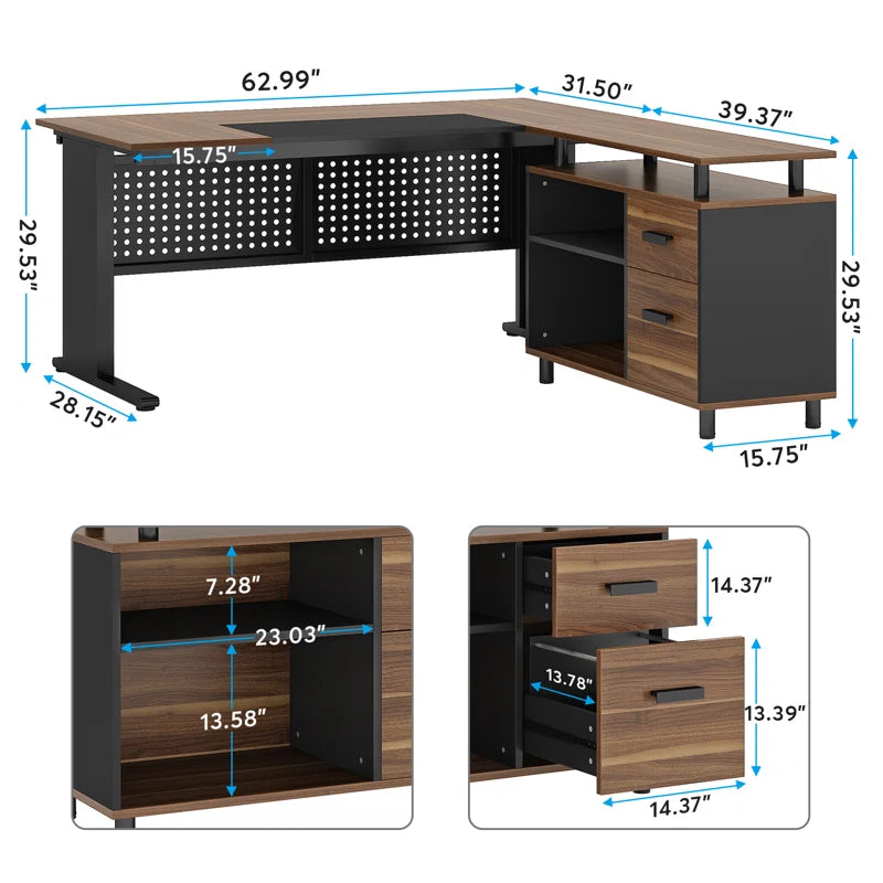 63'' W Executive Desk with File Cabinet for Home Office