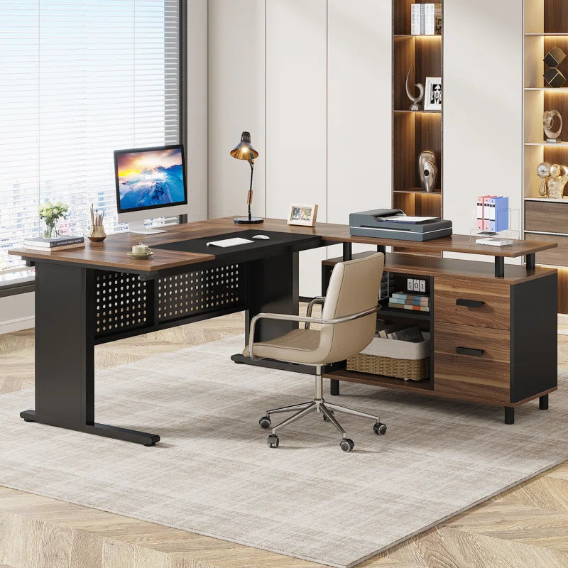 63'' W Executive Desk with File Cabinet for Home Office