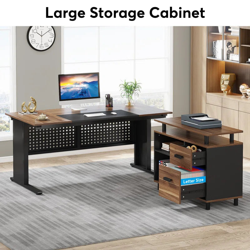 63'' W Executive Desk with File Cabinet for Home Office