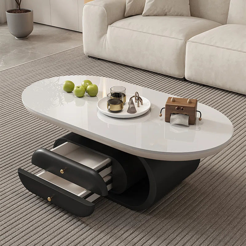 Rock Plate Coffee Table with Double Drawers – Modern Durable Center Table with Iron Base & Rounded Edges