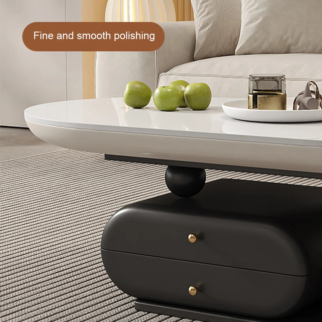 Rock Plate Coffee Table with Double Drawers – Modern Durable Center Table with Iron Base & Rounded Edges