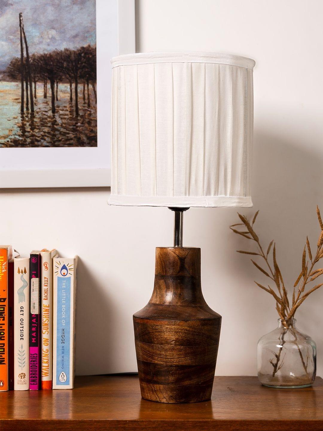 Wooden Firkin Lamp with Pleeted Cotton White Shade - Ouch Cart 