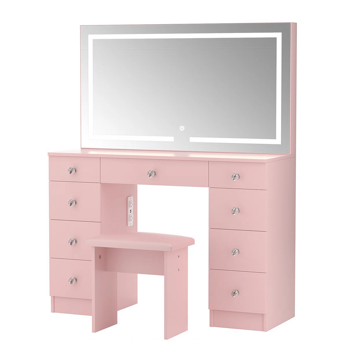 Greyden Lighted Vanity Set with LED Mirror, Diamond Handles on 9 Drawers, and Built-In Power Outlet- Ouch Cart | Dressing table