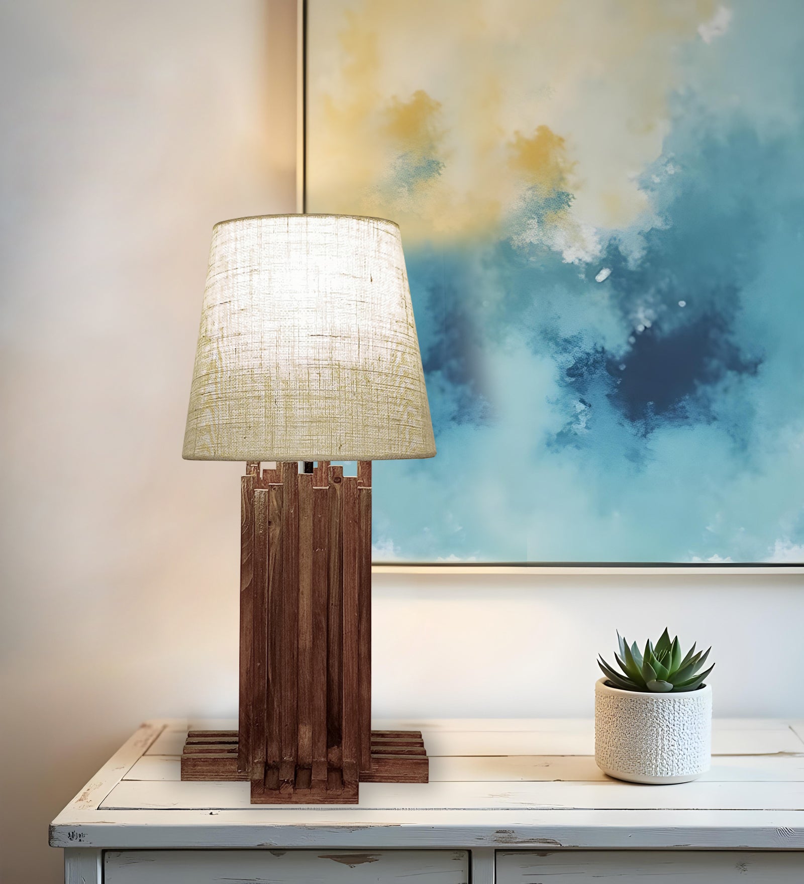 Palisade Brown Wooden Table Lamp with White Fabric Lampshade (BULB NOT INCLUDED)