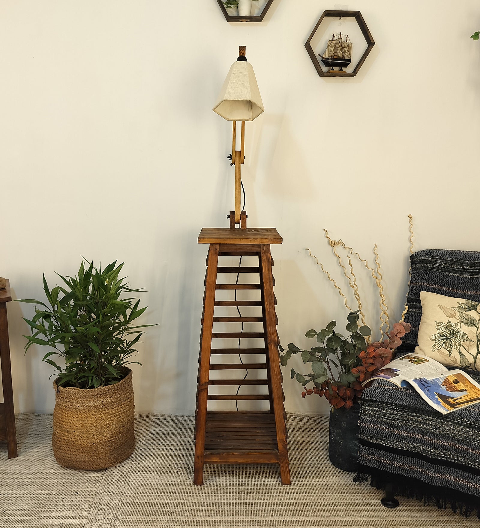 Pascal Wooden Floor Lamp with Brown Base and Jute Fabric Lampshade (BULB NOT INCLUDED)