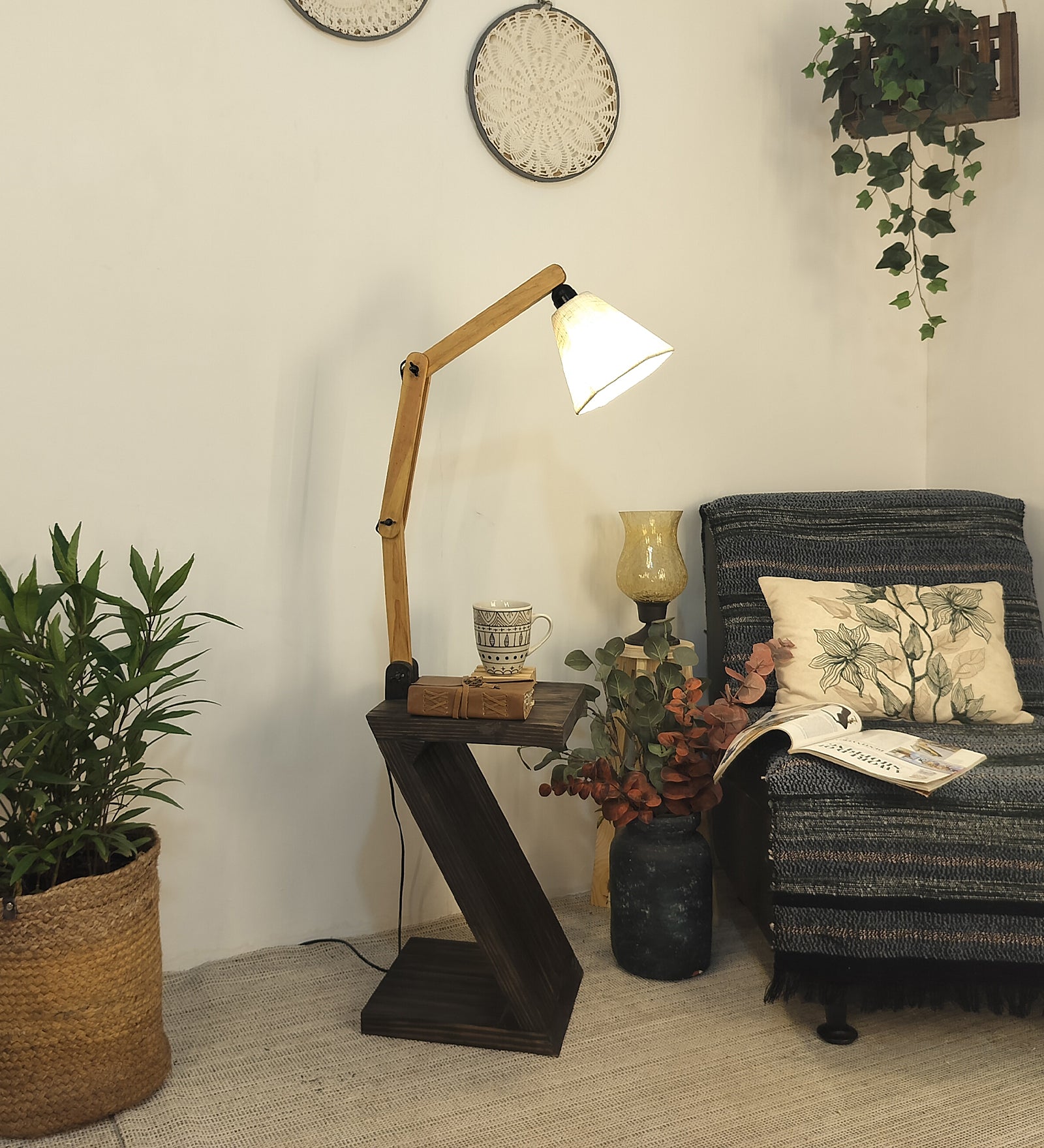 Patrice Wooden Floor Lamp with Brown Base and Jute Fabric Lampshade (BULB NOT INCLUDED)