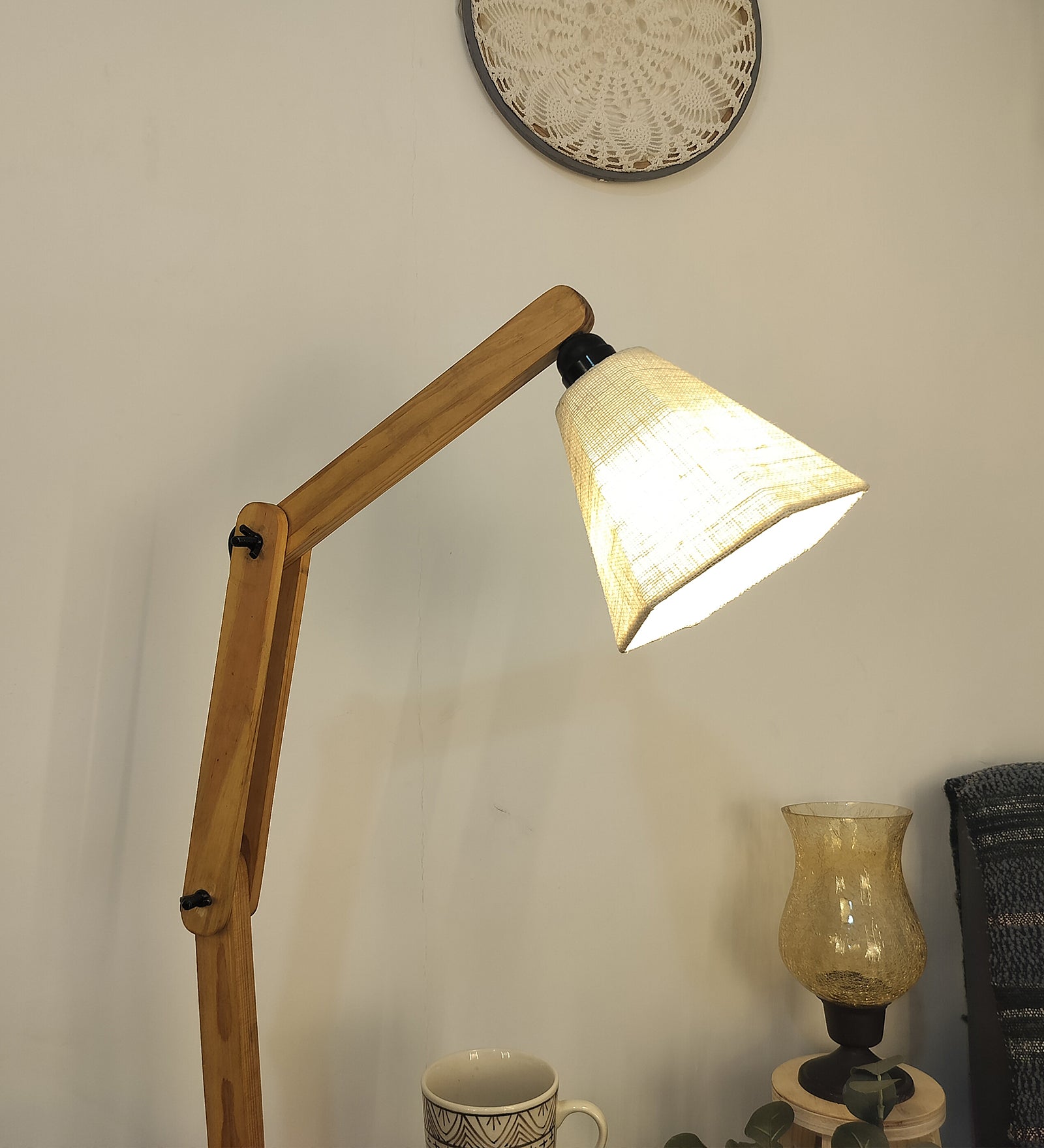 Patrice Wooden Floor Lamp with Brown Base and Jute Fabric Lampshade (BULB NOT INCLUDED)