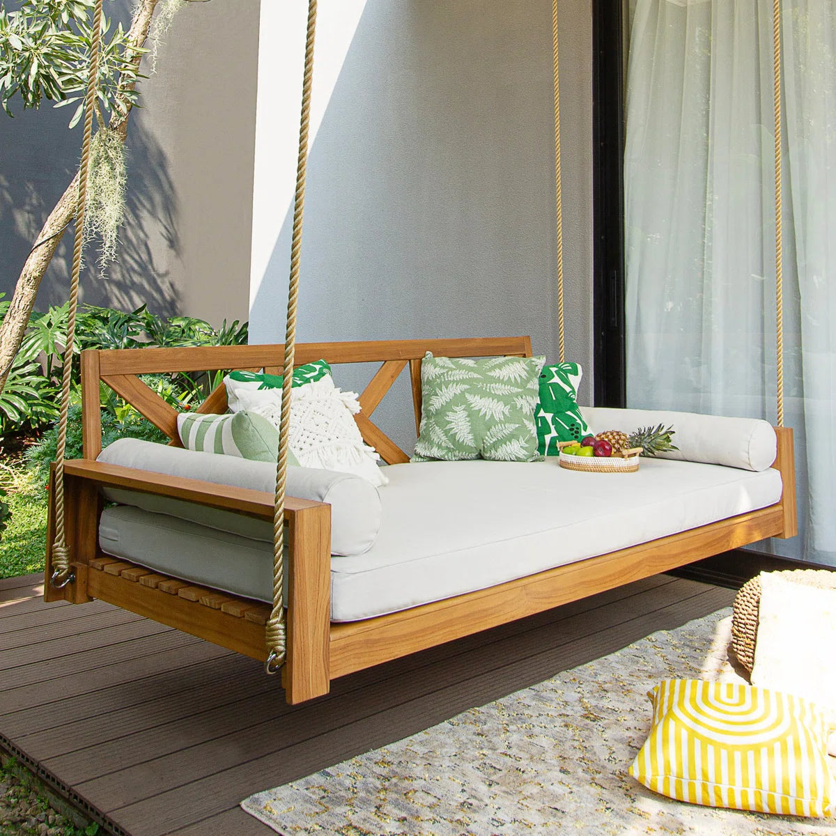 Ouch Cart Teak Wood Porch Swing Bed with Cushions – Farmhouse Outdoor Hanging Patio Swing, 3-Seater