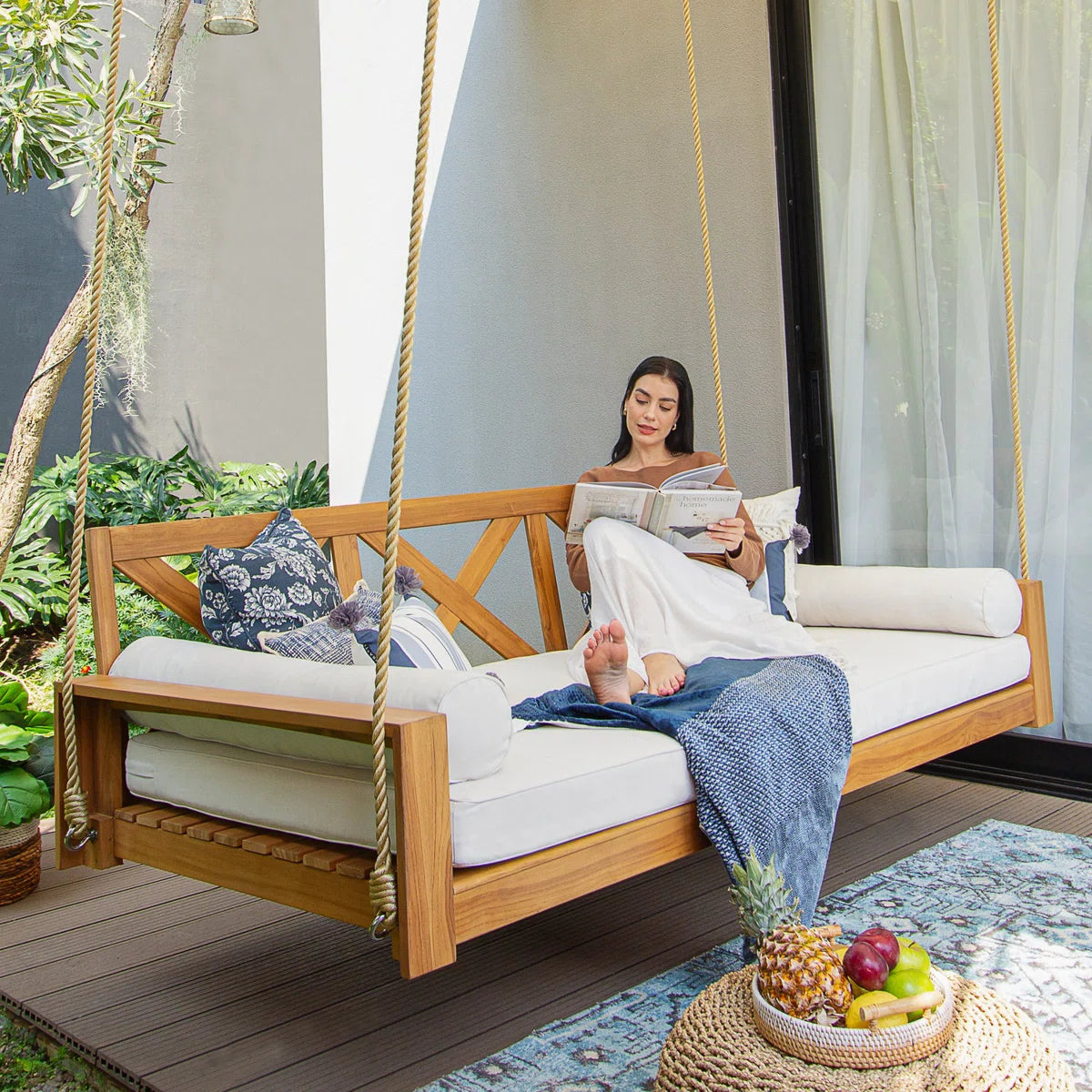 Ouch Cart Teak Wood Porch Swing Bed with Cushions – Farmhouse Outdoor Hanging Patio Swing, 3-Seater