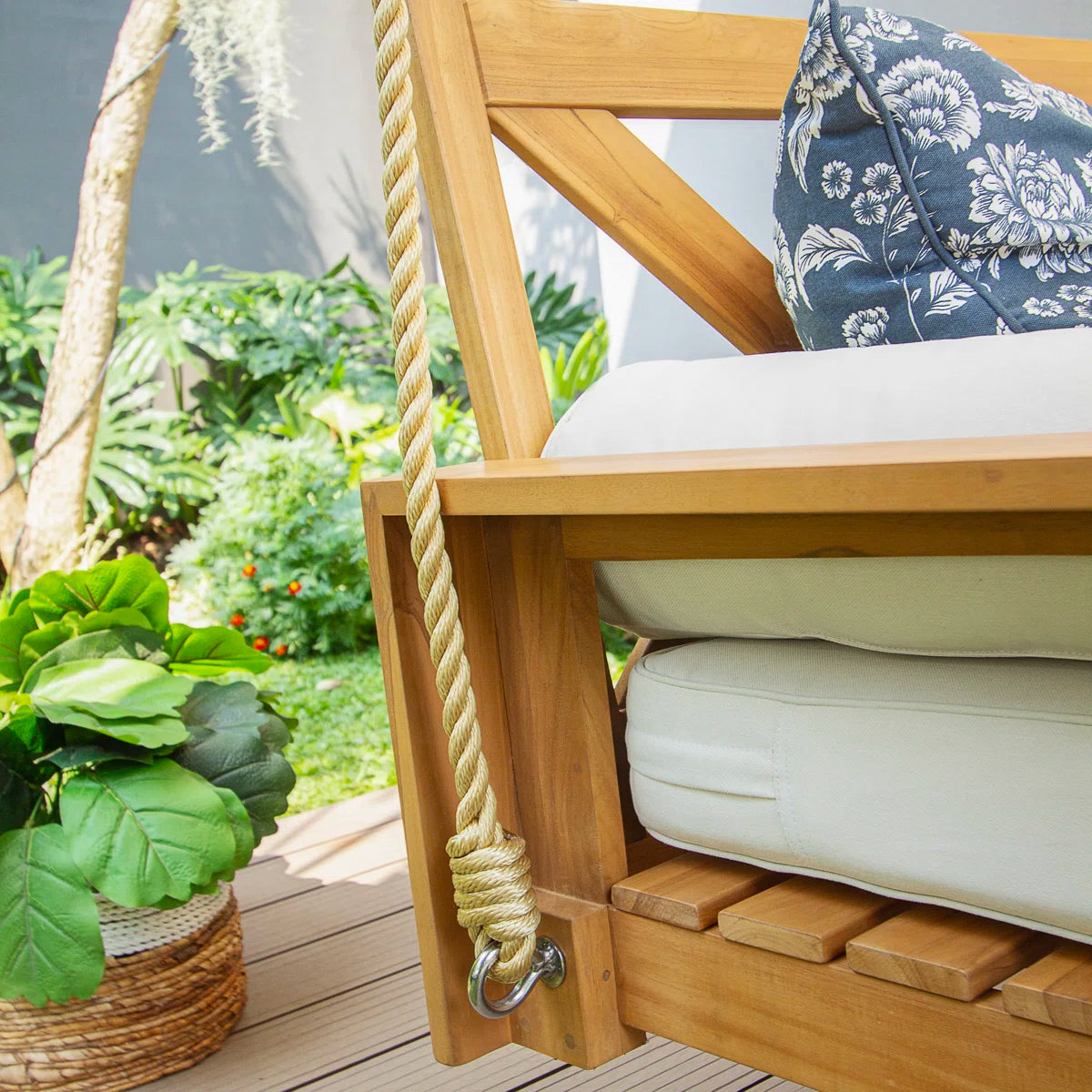 Ouch Cart Teak Wood Porch Swing Bed with Cushions – Farmhouse Outdoor Hanging Patio Swing, 3-Seater