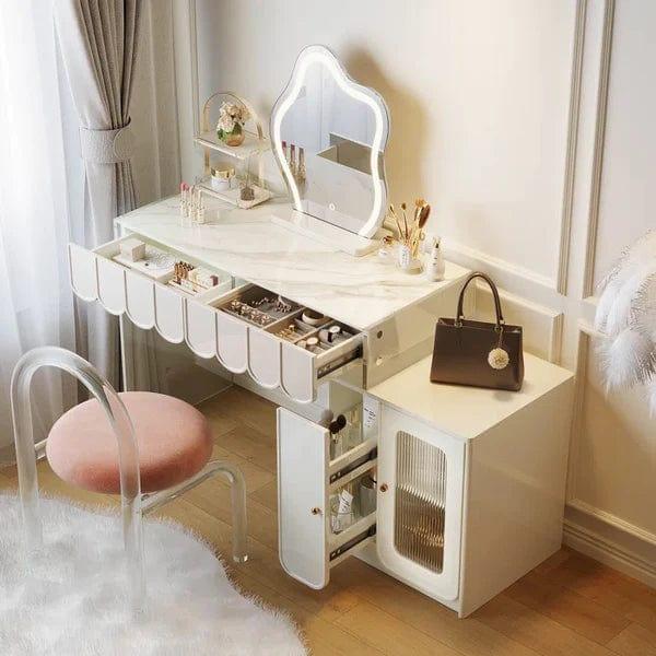 Elzbieta Vanity Dressing Table With Mirror & Stool Vanity Desk with, 2 Drawers, Makeup Vanity Table Set with Lights, Dressing Table for Women Girls - Ouch Cart 