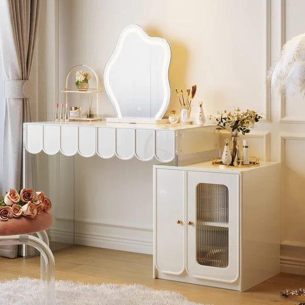 Elzbieta Vanity Dressing Table With Mirror & Stool Vanity Desk with, 2 Drawers, Makeup Vanity Table Set with Lights, Dressing Table for Women Girls - Ouch Cart 