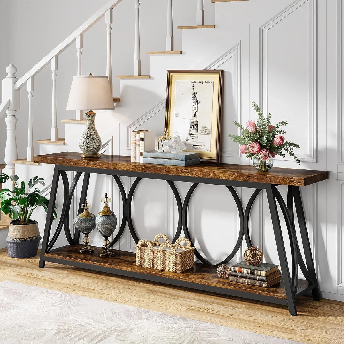 Rustic Industrial Console Table with Arched Frame