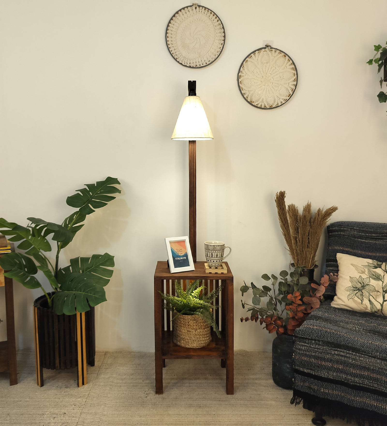 Prominence Wood and Metal Floor Lamp with White Fabric Lampshade (BULB NOT INCLUDED)