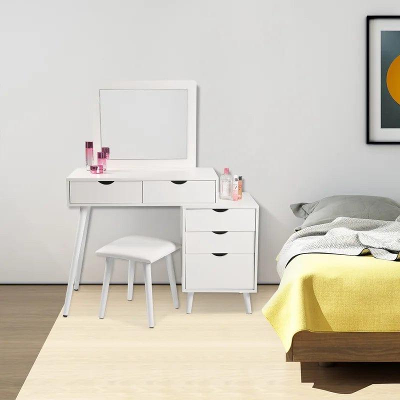 Makeup Vanity Desk with Mirror and, Dimmable Vanity Table for Girls Bedroom, Modern Makeup Vanity with 5 Drawers, White Vanity with Large Storage - Ouch Cart 