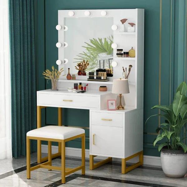 Leon dressing table design with mirror, with stool, with drawers, Makeup Vanity Desk with Light Mirror, Makeup Table with Stool and 3 Drawers, White - Ouch Cart 