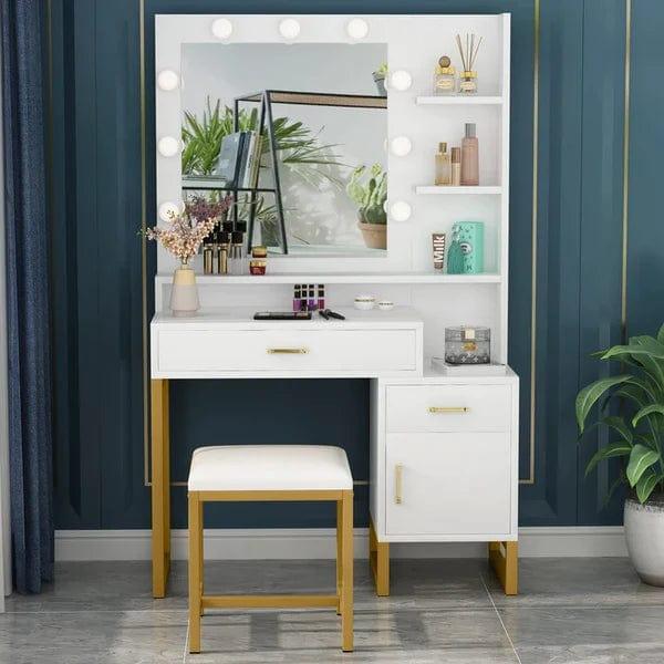 Leon dressing table design with mirror, with stool, with drawers, Makeup Vanity Desk with Light Mirror, Makeup Table with Stool and 3 Drawers, White - Ouch Cart 