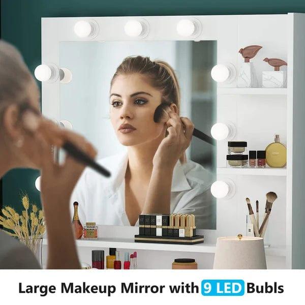 Leon dressing table design with mirror, with stool, with drawers, Makeup Vanity Desk with Light Mirror, Makeup Table with Stool and 3 Drawers, White - Ouch Cart 