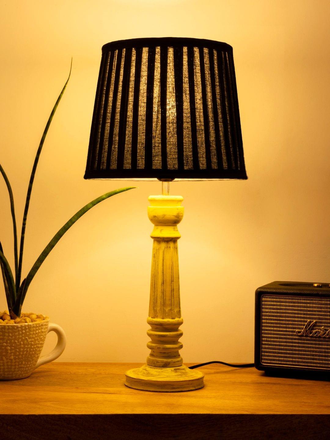 Wooden Pillar Yellow lamp with pleeted Black Soft Shade - Ouch Cart 